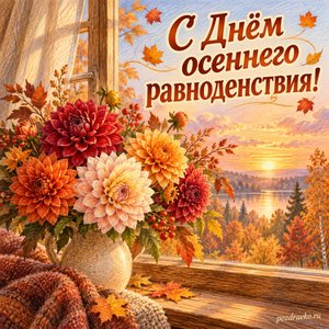 День осеннего равноденствия — открытка «С Днём осеннего равноденствия!» с букетом георгин у уютного окна