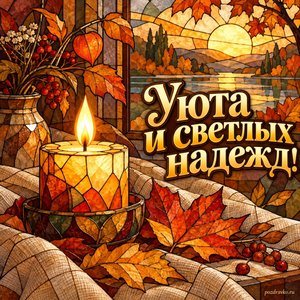 День осеннего равноденствия — открытка «Уюта и светлых надежд!» с свечой и сухими листьями на льняной ткани