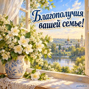 День памяти преподобного Сергия Радонежского — открытка «Благополучия вашей семье!» с белыми цветами у открытого окна