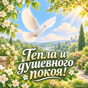 День памяти преподобного Сергия Радонежского — открытка «Тепла и душевного покоя!» с голубем над зелёным садом