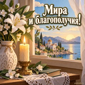 День памяти святителя Спиридона Тримифунтского — открытка «Мира и благополучия!» с горящей свечой и белыми цветами у окна