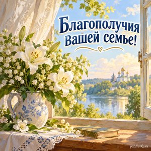 День памяти великомученика Пантелеимона — открытка «Благополучия вашей семье!» с белыми цветами у открытого окна