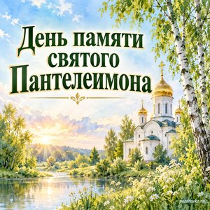 День памяти великомученика Пантелеимона — открытка «День памяти святого Пантелеимона» с белым храмом среди зелёных берёз