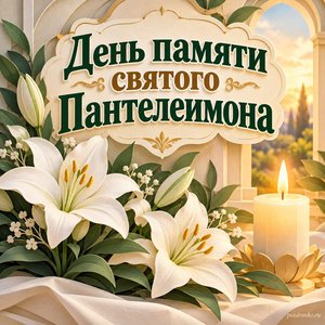 День памяти великомученика Пантелеимона — открытка «День памяти святого Пантелеимона» с свечой и букетом белых лилий