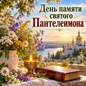 День памяти великомученика Пантелеимона — открытка «День памяти святого Пантелеимона» с золотыми куполами в мягком августовском свете