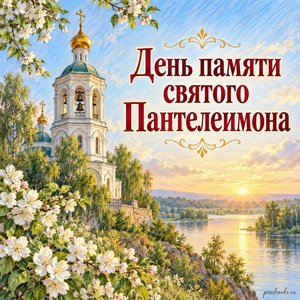 День памяти великомученика Пантелеимона — открытка «День памяти святого Пантелеимона» с колокольней над тихой рекой