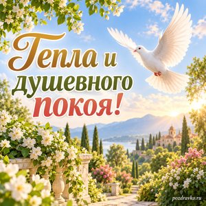 День памяти великомученика Пантелеимона — открытка «Тепла и душевного покоя!» с голубем над зелёным садом