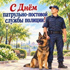 День ППС полиции — открытка «С Днём патрульно-постовой службы полиции!» с сотрудником без эмблем у зелёного сквера