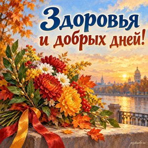 День ППС полиции — открытка «Здоровья и добрых дней!» с букетом осенних цветов и веточкой лавра