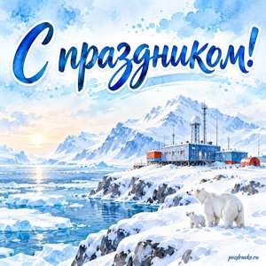 День полярника — открытка «С праздником!» с полярной станцией среди чистого снега
