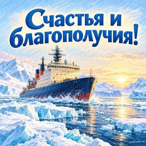 День полярника — открытка «Счастья и благополучия!» с ледоколом среди льдин
