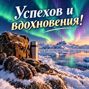 День полярника — открытка «Успехов и вдохновения!» с северным сиянием над снежной равниной