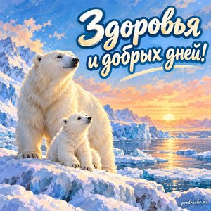 День полярника — открытка «Здоровья и добрых дней!» с белым медведем в арктическом пейзаже
