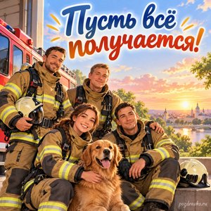 День пожарной охраны — открытка «Пусть всё получается!» с командой пожарных в спокойной обстановке
