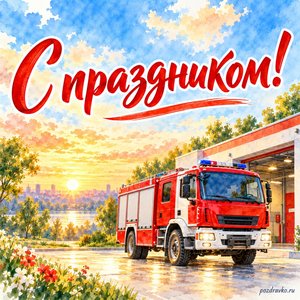 День пожарной охраны — открытка «С праздником!» с пожарной машиной у депо без надписей