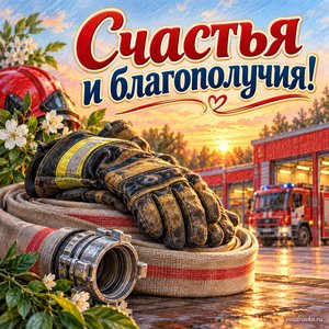 День пожарной охраны — открытка «Счастья и благополучия!» с рабочими перчатками и свернутым рукавом