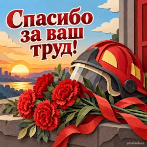 День пожарной охраны — открытка «Спасибо за ваш труд!» с каской и букетом гвоздик