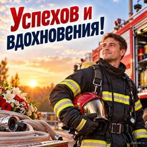 День пожарной охраны — открытка «Успехов и вдохновения!» с пожарным в защитной одежде без эмблем