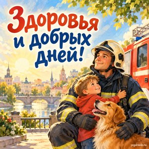 День пожарной охраны — открытка «Здоровья и добрых дней!» с мирным городом в лучах утреннего солнца