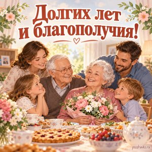 День пожилого человека — открытка «Долгих лет и благополучия!» с семьёй за праздничным столом