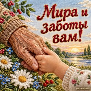 День пожилого человека — открытка «Мира и заботы вам!» с руками пожилого человека и ребёнка
