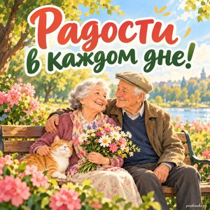 День пожилого человека — открытка «Радости в каждом дне!» с солнечной парковой скамейкой и цветами