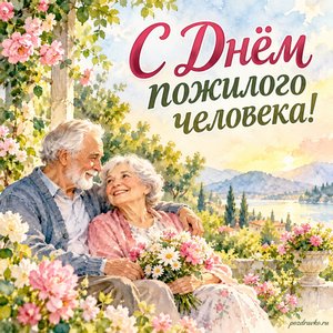 День пожилого человека — открытка «С Днём пожилого человека!» с пожилой парой в цветущем саду