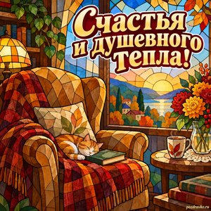 День пожилого человека — открытка «Счастья и душевного тепла!» с уютным креслом, пледом и книгой