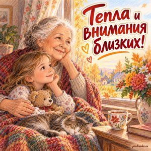День пожилого человека — открытка «Тепла и внимания близких!» с бабушкой и внучкой у окна