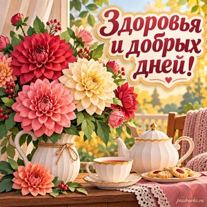 День пожилого человека — открытка «Здоровья и добрых дней!» с букетом георгин и чайным сервизом