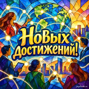 День PR-специалиста — открытка «Новых достижений!» с абстрактными световыми линиями между цветными точками