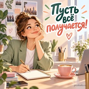 День PR-специалиста — открытка «Пусть всё получается!» с блокнотом без букв и чашкой кофе