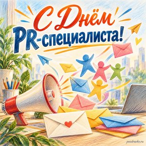 День PR-специалиста — открытка «С Днём PR-специалиста!» с конвертами и цветными бумажными фигурами