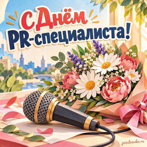 День PR-специалиста — открытка «С Днём PR-специалиста!» с микрофоном и летним букетом