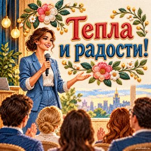 День PR-специалиста — открытка «Тепла и радости!» с человеком, выступающим перед небольшой аудиторией без плакатов