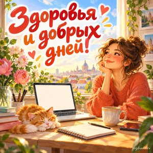 День PR-специалиста — открытка «Здоровья и добрых дней!» с ноутбуком с пустым экраном у окна