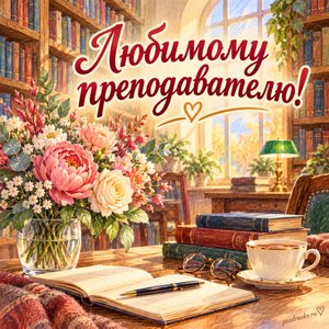 День преподавателя высшей школы — открытка «Любимому преподавателю!» с уютной университетской библиотекой