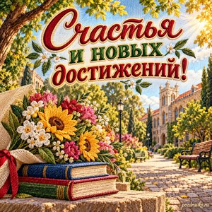 День преподавателя высшей школы — открытка «Счастья и новых достижений!» с солнечной аллеей университетского кампуса