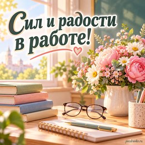 День преподавателя высшей школы — открытка «Сил и радости в работе!» с рабочим столом, очками и цветами