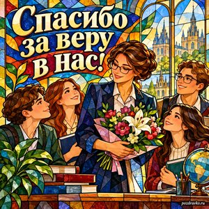 День преподавателя высшей школы — открытка «Спасибо за веру в нас!» с преподавательницей и благодарными студентами