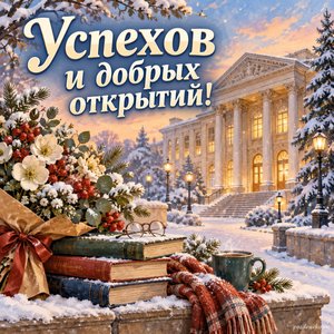 День преподавателя высшей школы — открытка «Успехов и добрых открытий!» с фасадом университета под мягким снегом