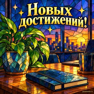 День программиста — открытка «Новых достижений!» с комнатным растением и закрытым блокнотом