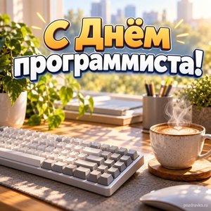 День программиста — открытка «С Днём программиста!» с клавиатурой и чашкой кофе