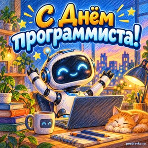 День программиста — открытка «С Днём программиста!» с маленьким роботом без надписей