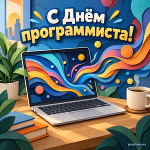 День программиста — открытка «С Днём программиста!» с ноутбуком с абстрактными цветными линиями без букв