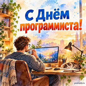 День программиста — открытка «С Днём программиста!» с программистом у уютного рабочего стола