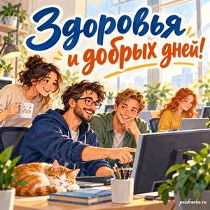 День программиста — открытка «Здоровья и добрых дней!» с коллегами в светлом офисе