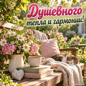 День психолога — открытка «Душевного тепла и гармонии!» с тихим садом и солнечной скамейкой