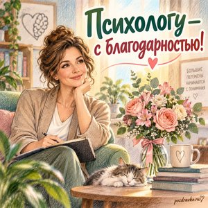 День психолога — открытка «Психологу — с благодарностью!» с женщиной-психологом и цветами