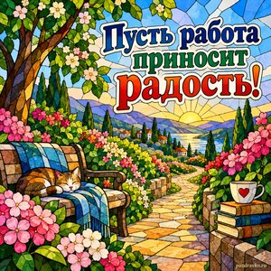 День психолога — открытка «Пусть работа приносит радость!» с дорожкой через цветущий сад